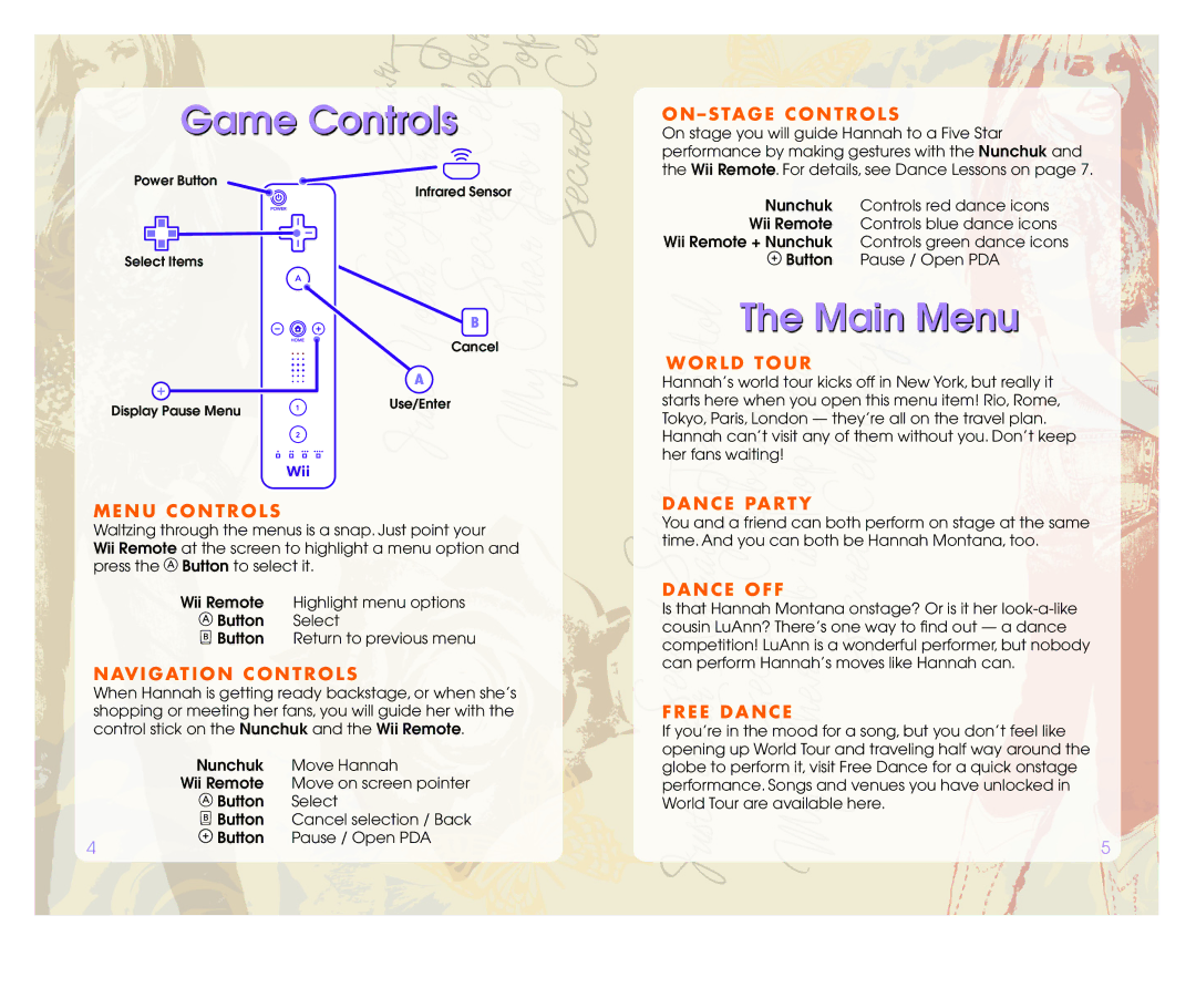 Disney Interactive Studios Hannah Montana: Spotlight World Tour manual Game Controls, Main Menu 