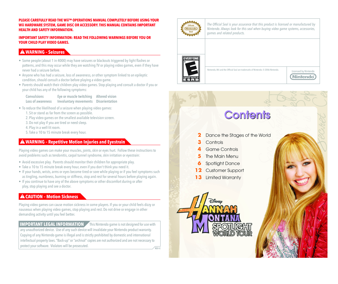Disney Interactive Studios Hannah Montana: Spotlight World Tour Contents, WARNING - Seizures, CAUTION - Motion Sickness 