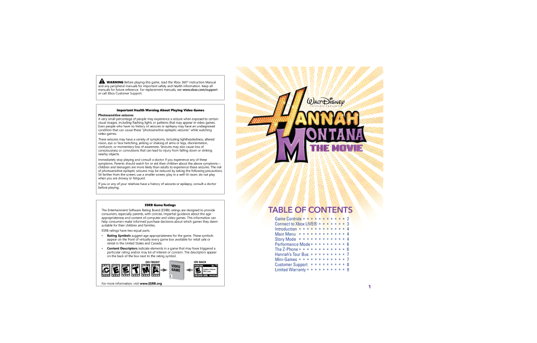 Disney Interactive Studios Hannah Montana: The Movie for Xbox 360 manual Table of Contents 