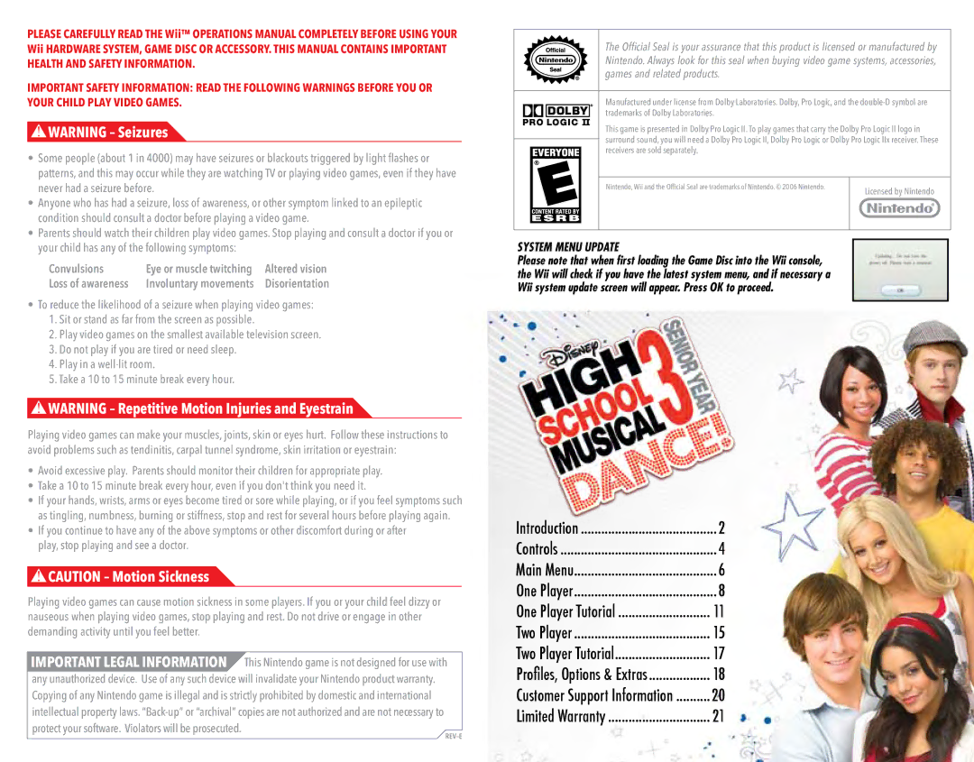 Disney Interactive Studios High School Musical 3: Senior Year DANCE! manual System Menu Update 