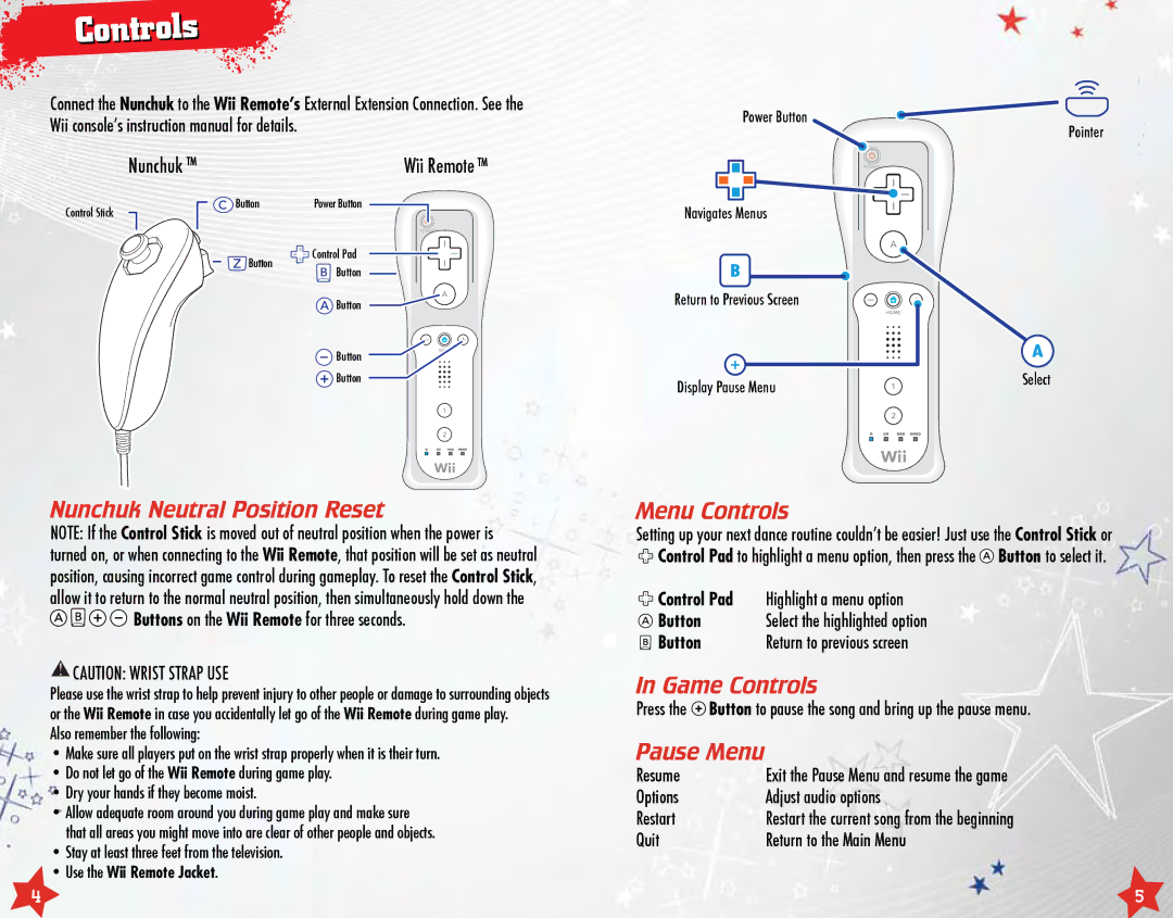 Disney Interactive Studios High School Musical 3: Senior Year DANCE! manual Nunchuk Neutral Position Reset, Menu Controls 