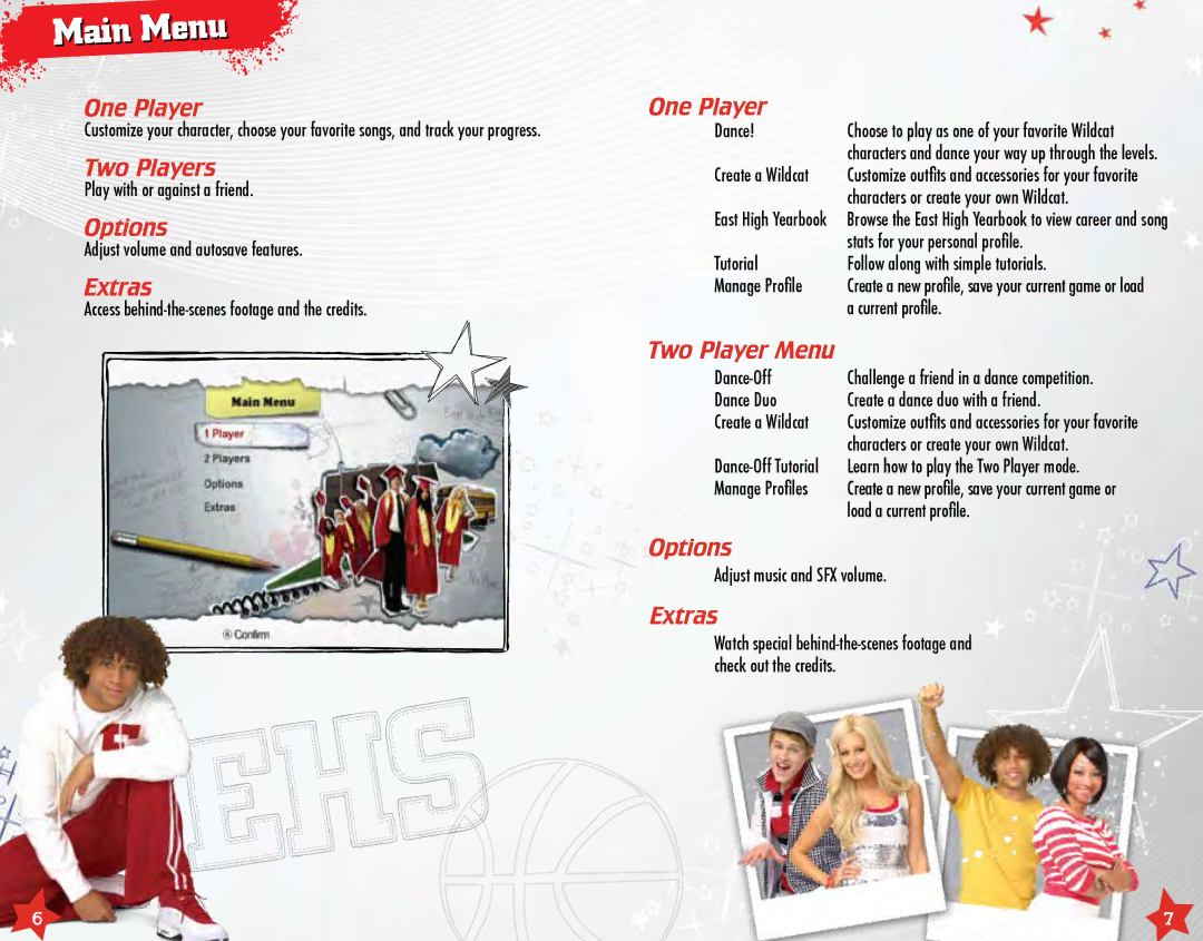 Disney Interactive Studios High School Musical 3: Senior Year DANCE! manual One Player, Two Players, Options, Extras 