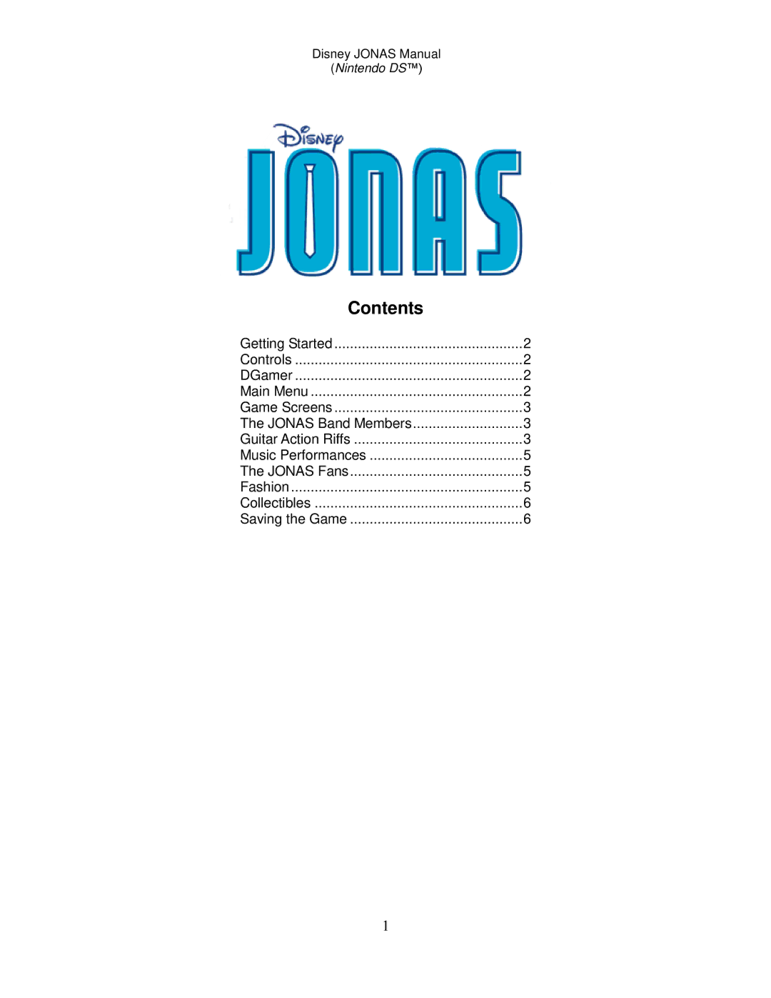 Disney Interactive Studios Jonas for Nintendo DS manual Contents 