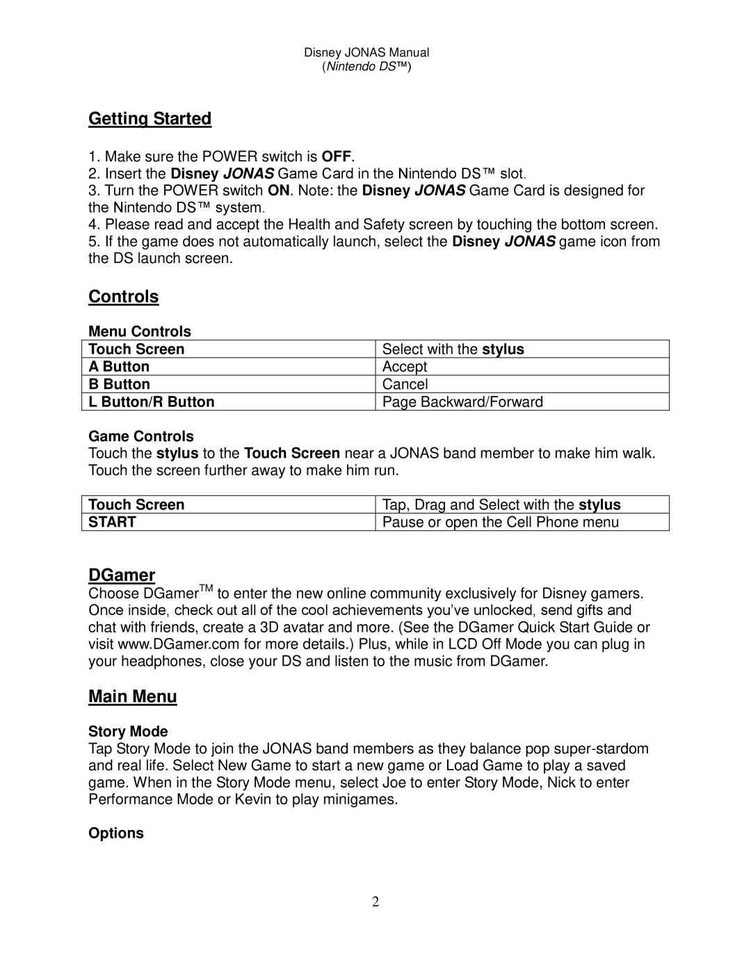 Disney Interactive Studios Jonas for Nintendo DS manual Getting Started, Controls, DGamer Main Menu 