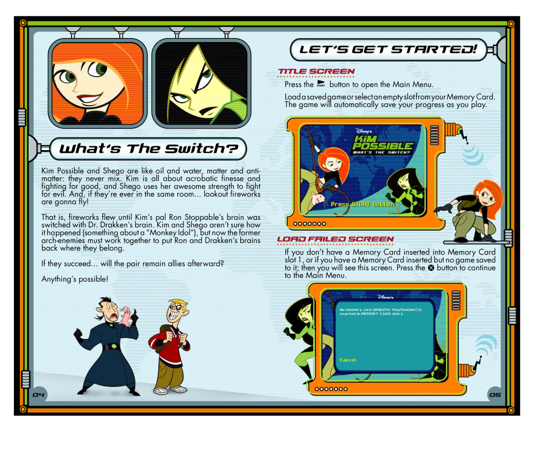 Disney Interactive Studios Kim Possible: What's the Switch for PlayStation 2 manual Title Screen, Load Failed Screen 