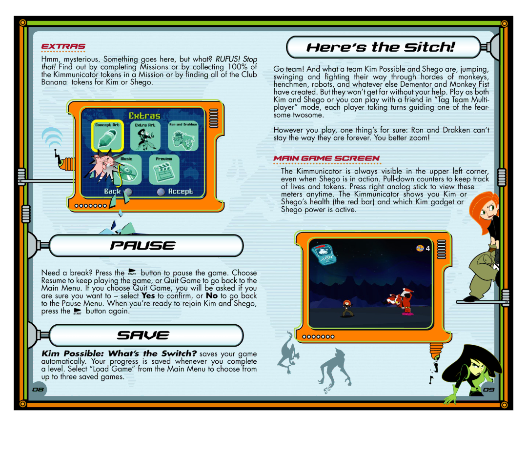 Disney Interactive Studios Kim Possible: What's the Switch for PlayStation 2 manual Pause, Save, Extras, Main Game Screen 