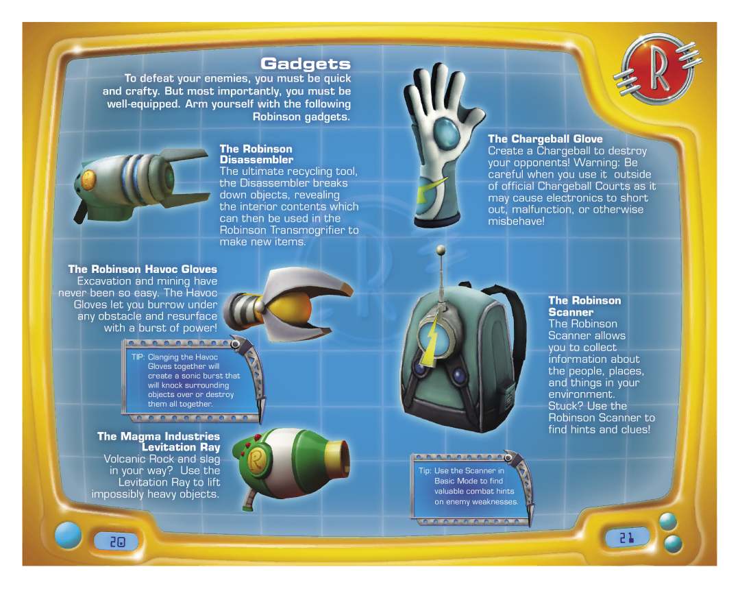 Disney Interactive Studios Meet the Robinsons for Xbox 360 manual Gadgets, Robinson Disassembler, Chargeball Glove 