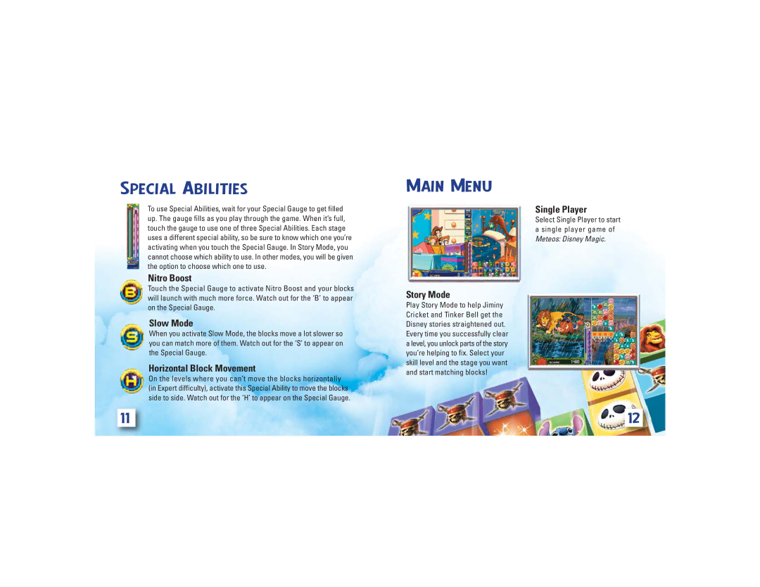 Disney Interactive Studios Meteos: Disney Magic manual Special abilities, Main Menu 