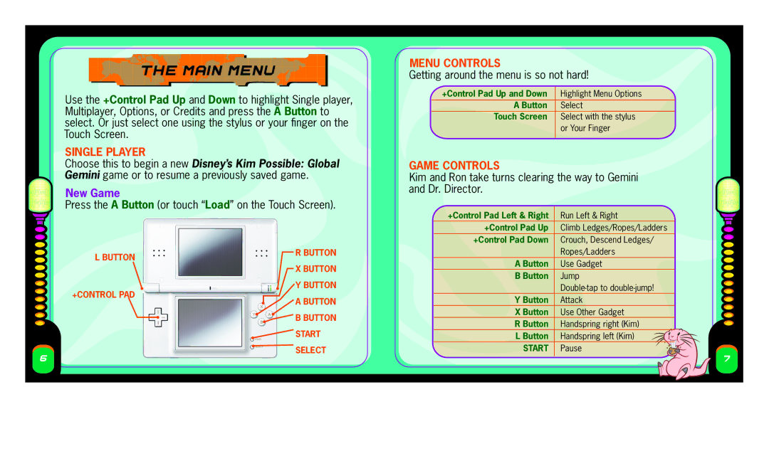 Disney Interactive Studios NTR-AK6E-USA manual Main Menu, Single player, New Game, Menu Controls, Game Controls 