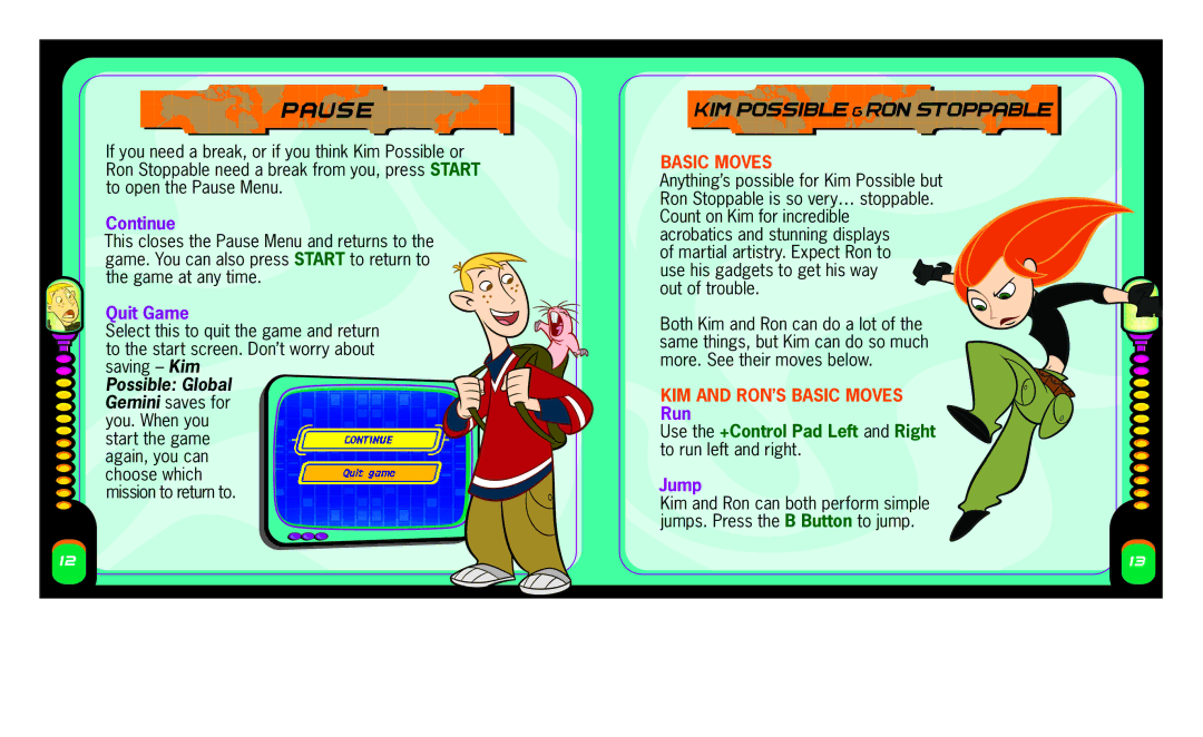 Disney Interactive Studios NTR-AK6E-USA manual Pause, Basic Moves, Kim and ron’s Basic moves 