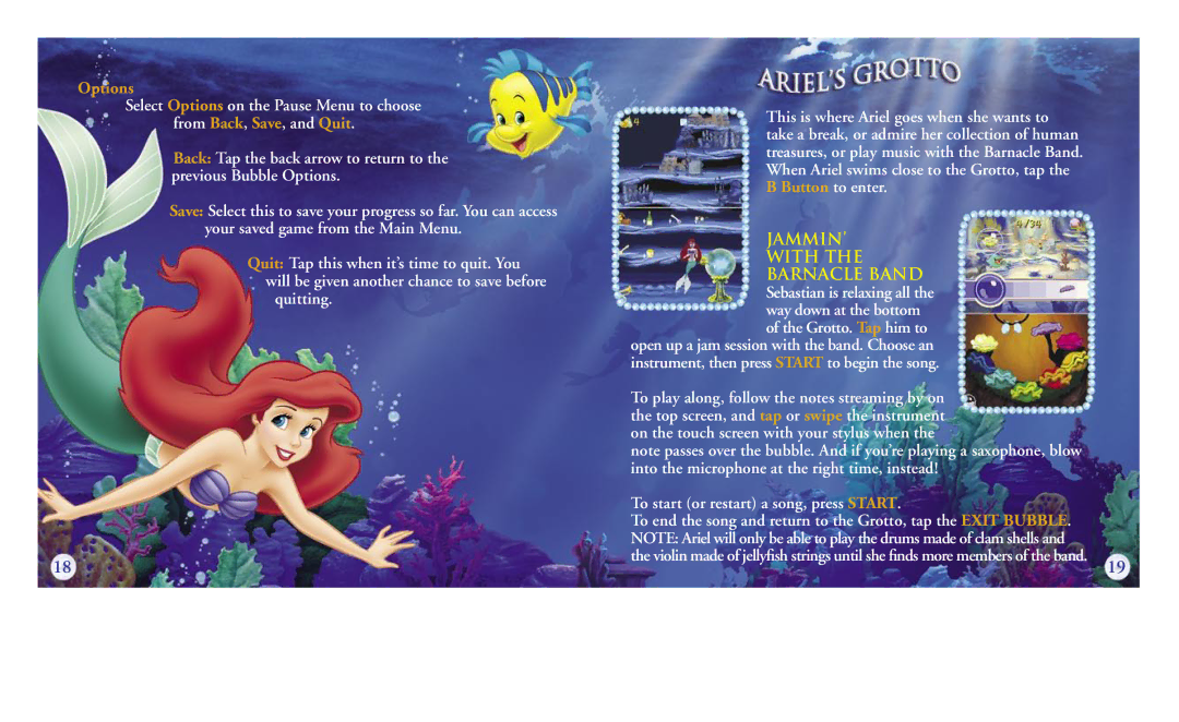 Disney Interactive Studios NTR-AN9E-USA manual Options, Quitting, To start or restart a song, press Start 