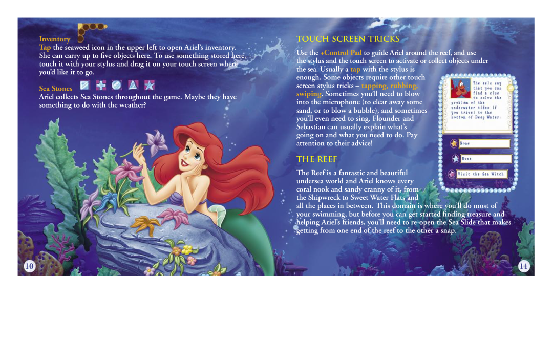 Disney Interactive Studios NTR-AN9E-USA manual Inventory, Sea Stones, touch screen Tricks, the Reef 
