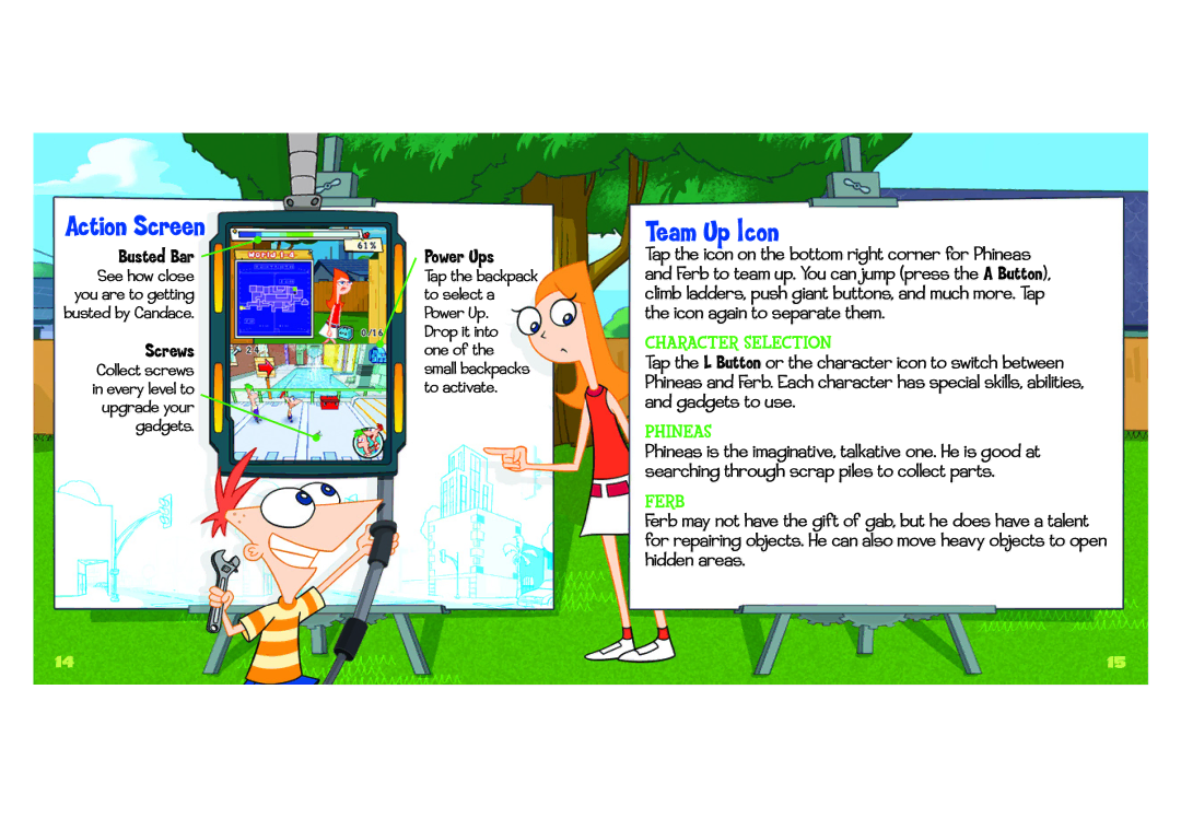 Disney Interactive Studios NTR-CFPE-USA manual Action Screen, Team Up l con, Character Selection, Phineas, Ferb 