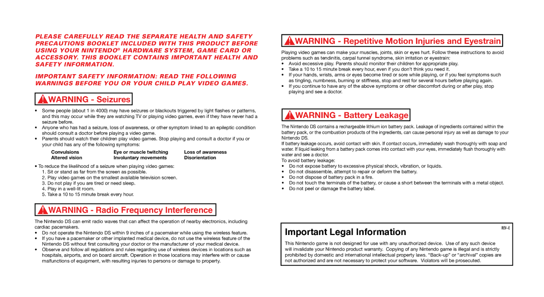 Disney Interactive Studios NTR-CI7E-USA manual Important Legal Information 