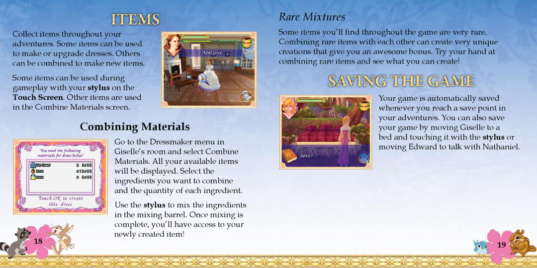 Disney Interactive Studios NTR-YECE-USA manual Items, Saving the Game, Combining Materials, Rare Mixtures 