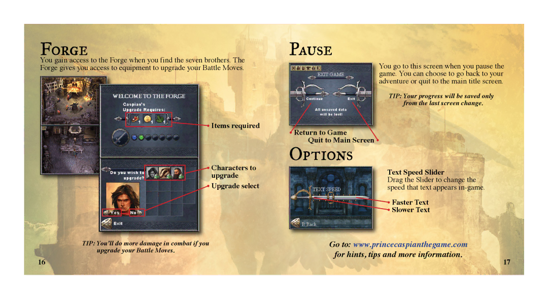 Disney Interactive Studios NTR-YQNE-USA manual Forge, Pause, Options 