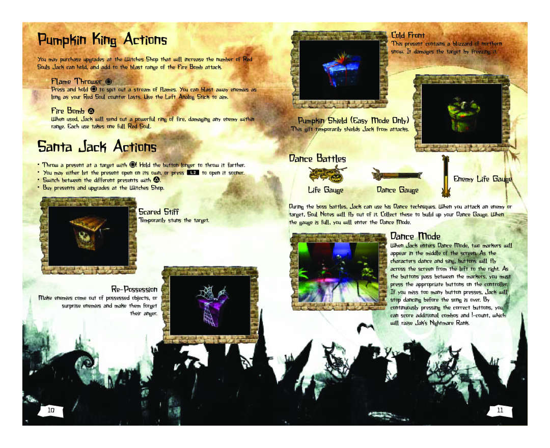 Disney Interactive Studios SCPH-70000 manual Pumpkin King Actions, Santa Jack Actions, Dance Battles, Dance Mode 