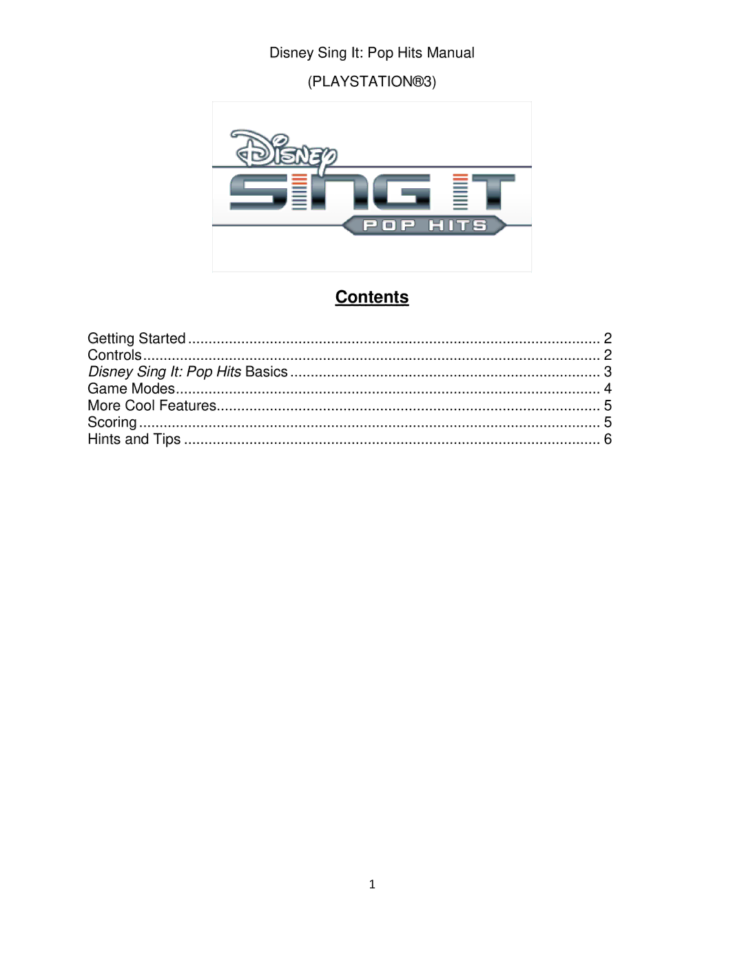 Disney Interactive Studios Sing It: Pop Hits for PLAYSTATION 3 manual Contents 