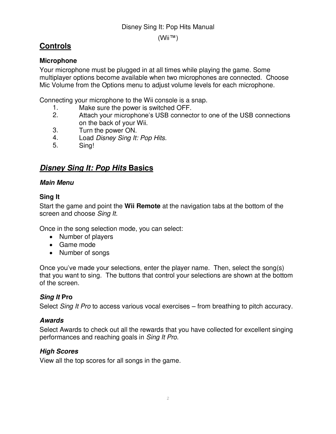 Disney Interactive Studios Sing It: Pop Hits for Wii manual Controls, Main Menu, Sing It Pro, Awards, High Scores 