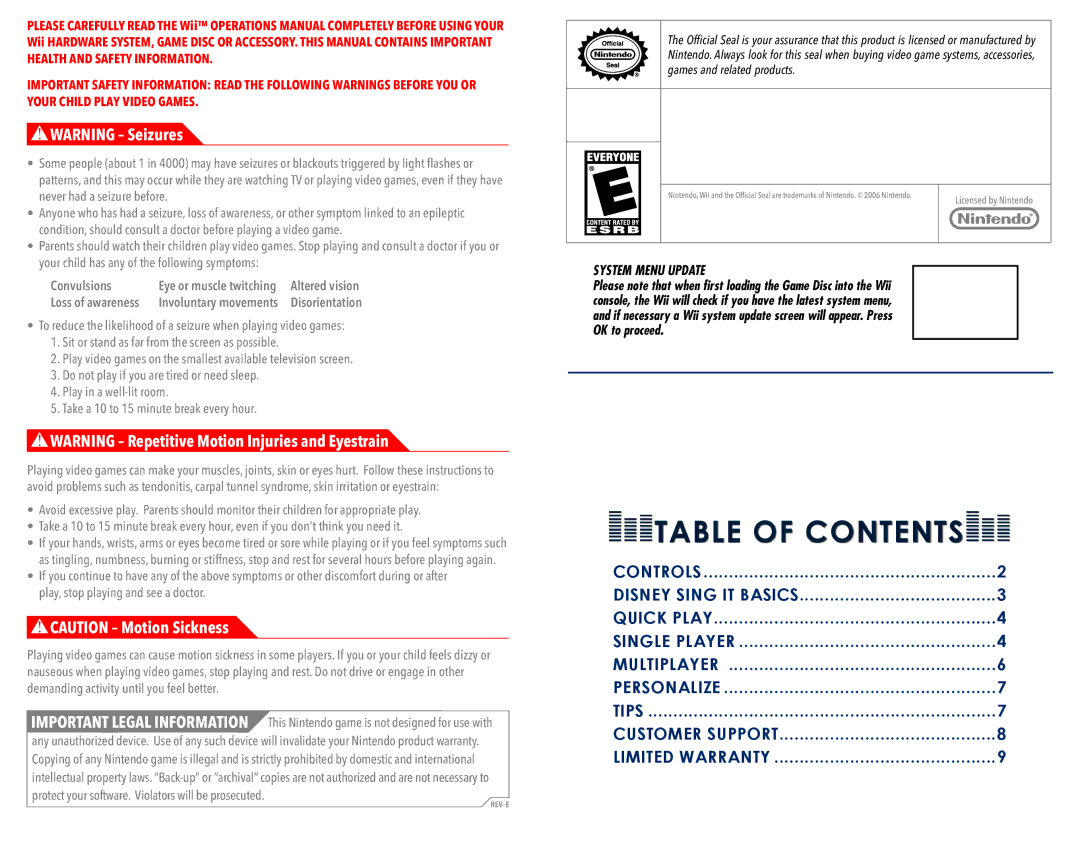 Disney Interactive Studios Sing It manual Table of Contents 