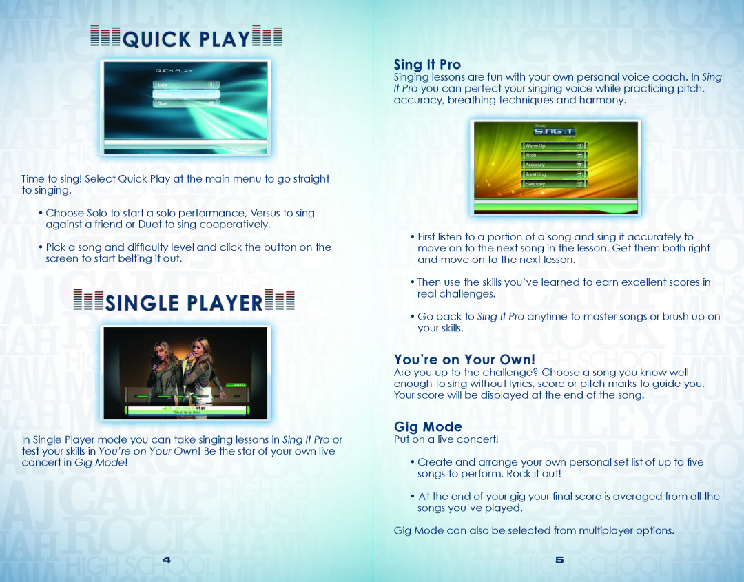 Disney Interactive Studios manual Quick Play, Single player, Sing It Pro, You’re on Your Own, Gig Mode 