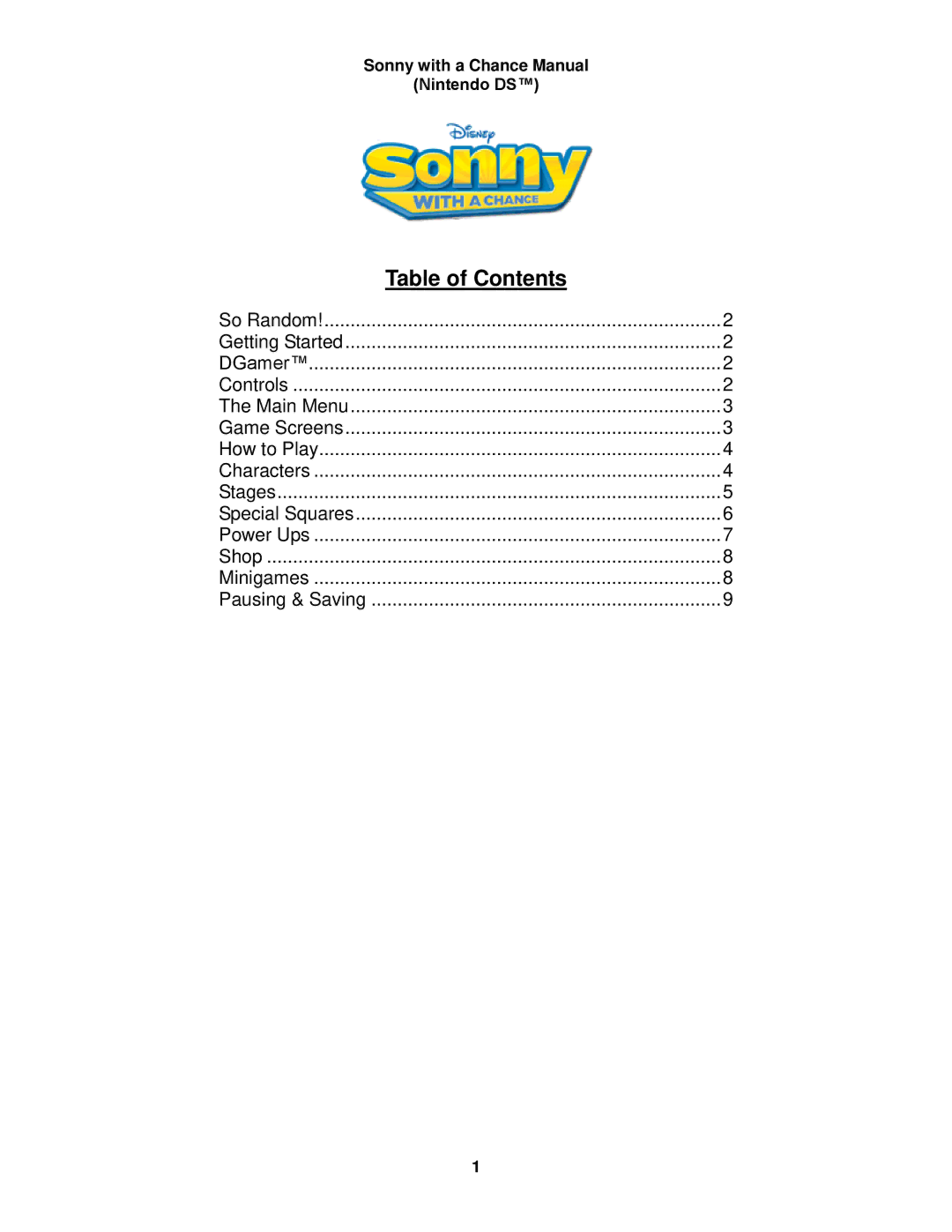 Disney Interactive Studios Sonny with a Chance for Nintendo DS manual Table of Contents 