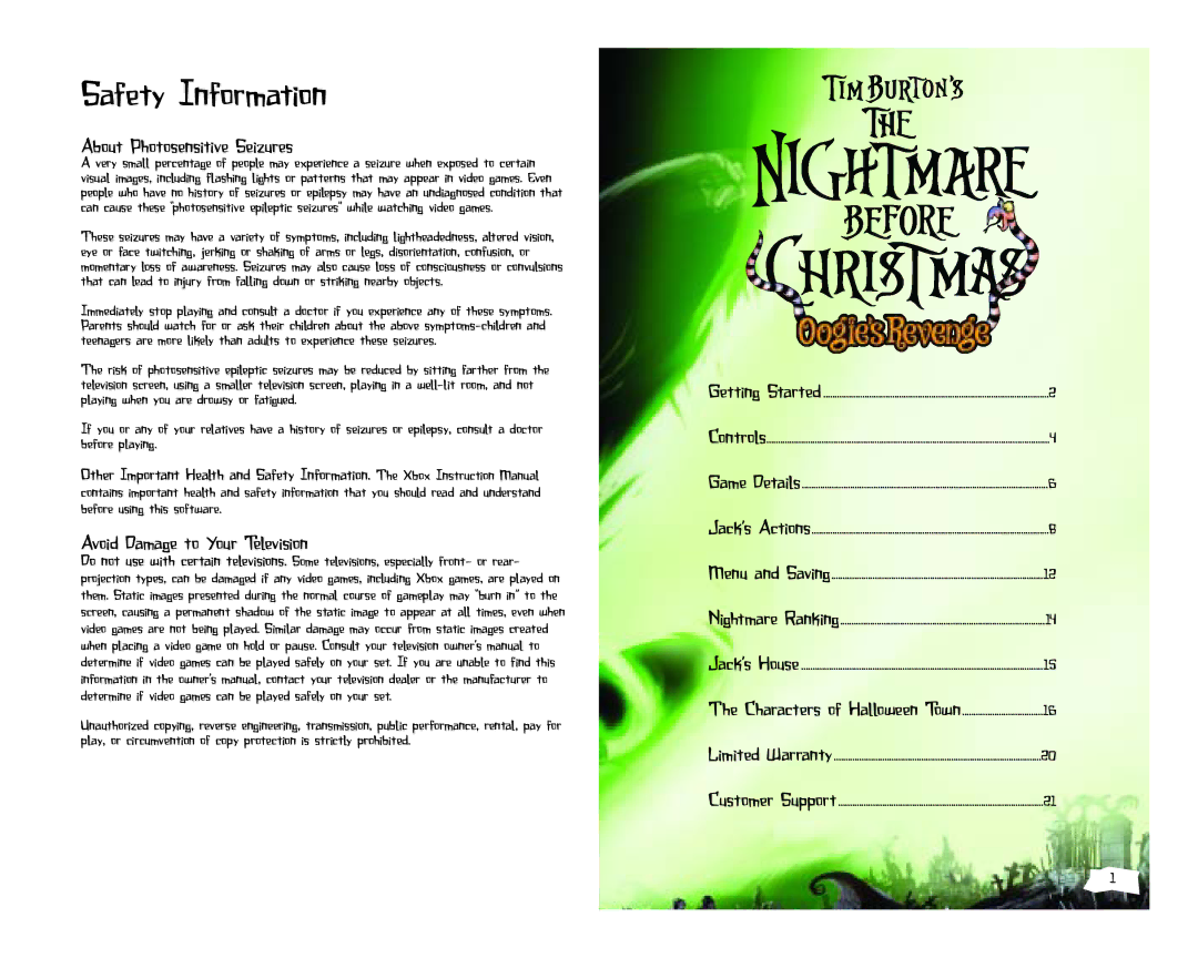 Disney Interactive Studios The Nightmare Before Christmas: Oogie's Revenge manual Safety Information 