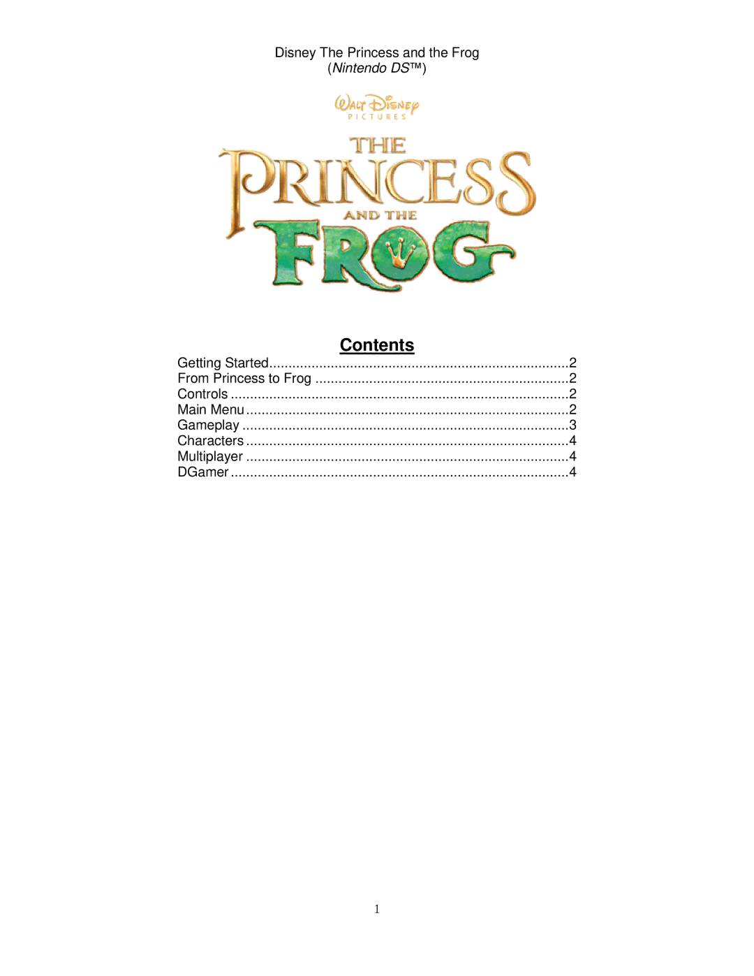 Disney Interactive Studios The Princess and the Frog for Nintendo DS manual Contents 