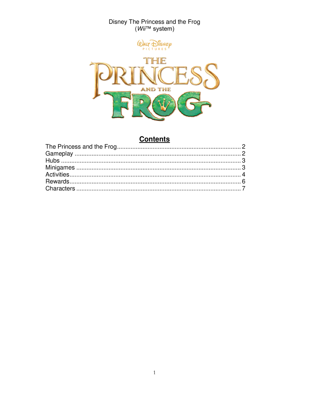 Disney Interactive Studios The Princess and the Frog for Wii manual Contents 