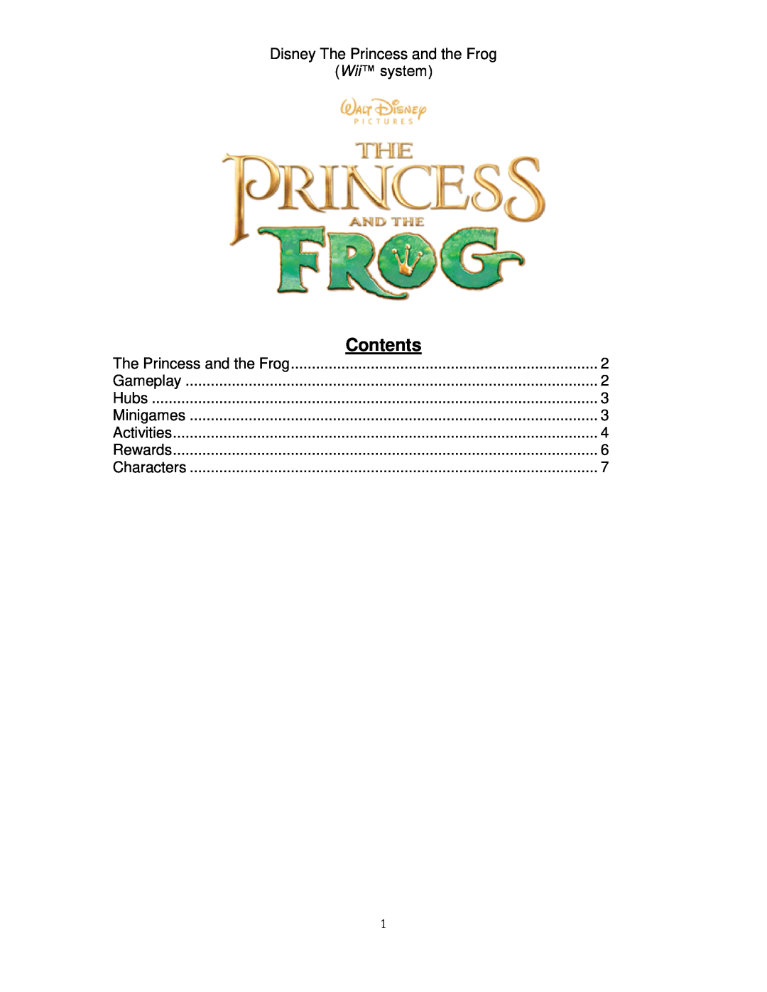 Disney Interactive Studios The Princess and the Frog for Wii manual Contents, Gameplay, Hubs, Minigames, Activities 