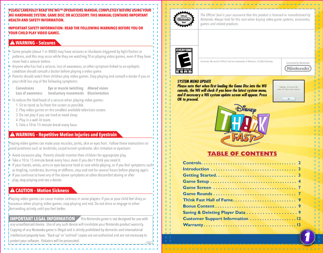 Disney Interactive Studios TH!NK Fast manual Table of Contents 