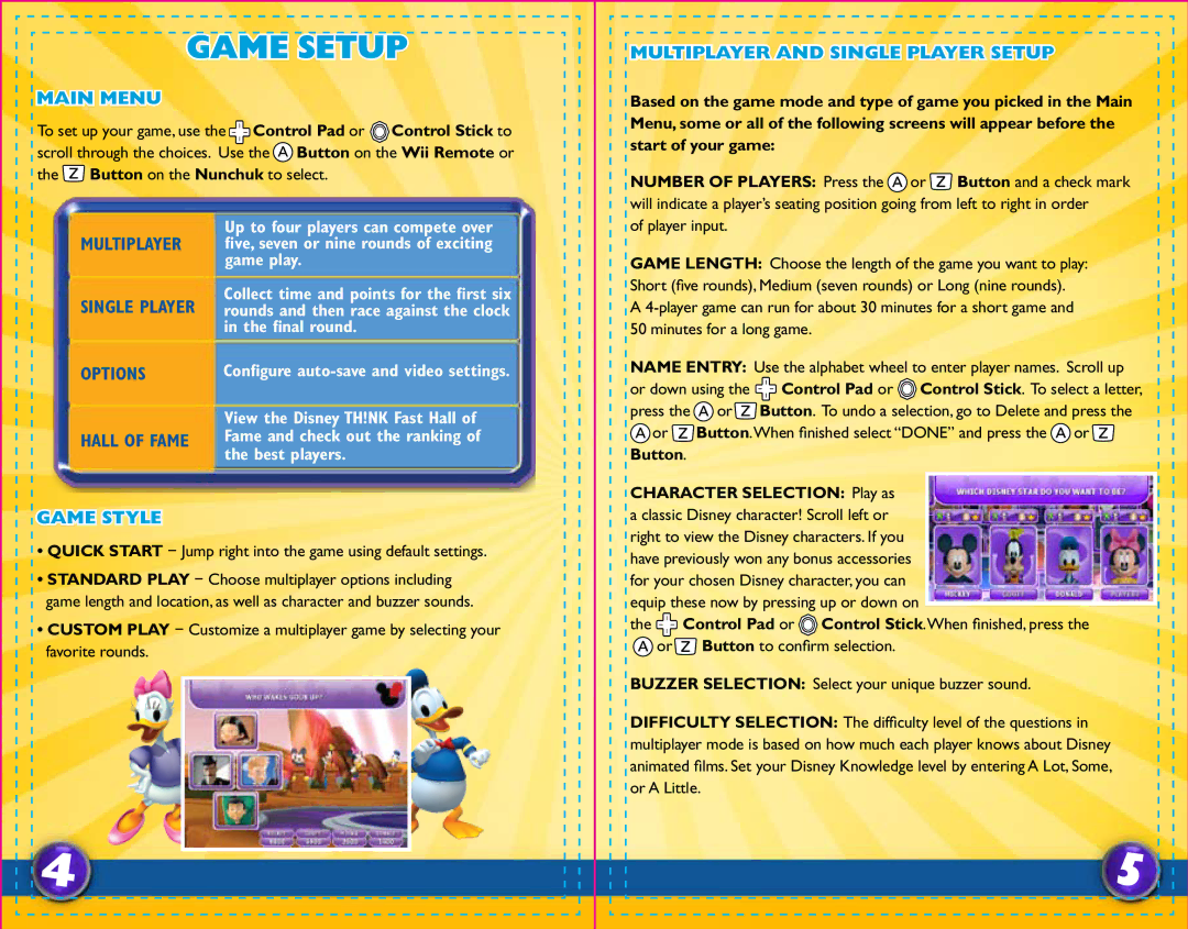 Disney Interactive Studios TH!NK Fast Game Setup, Main Menu, Multiplayer and Single Player Setup, Game Style, Player input 