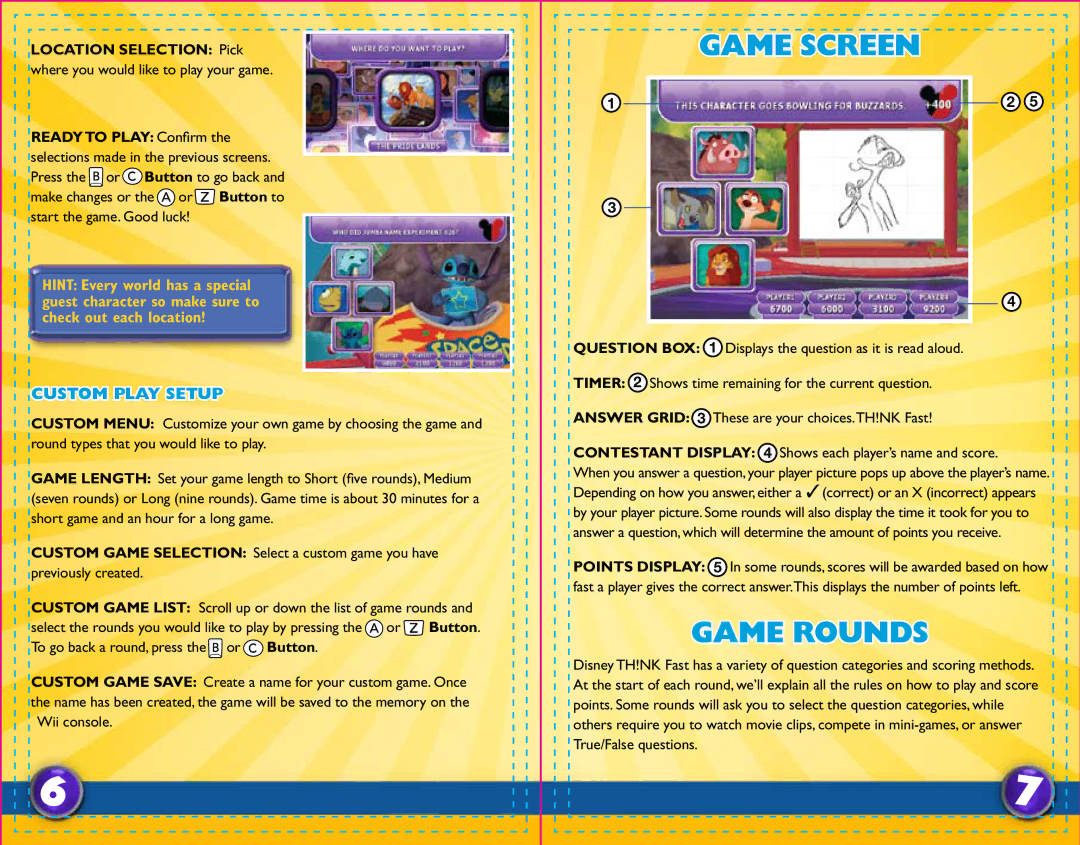 Disney Interactive Studios TH!NK Fast manual Game Screen, Game Rounds, Custom Play Setup 