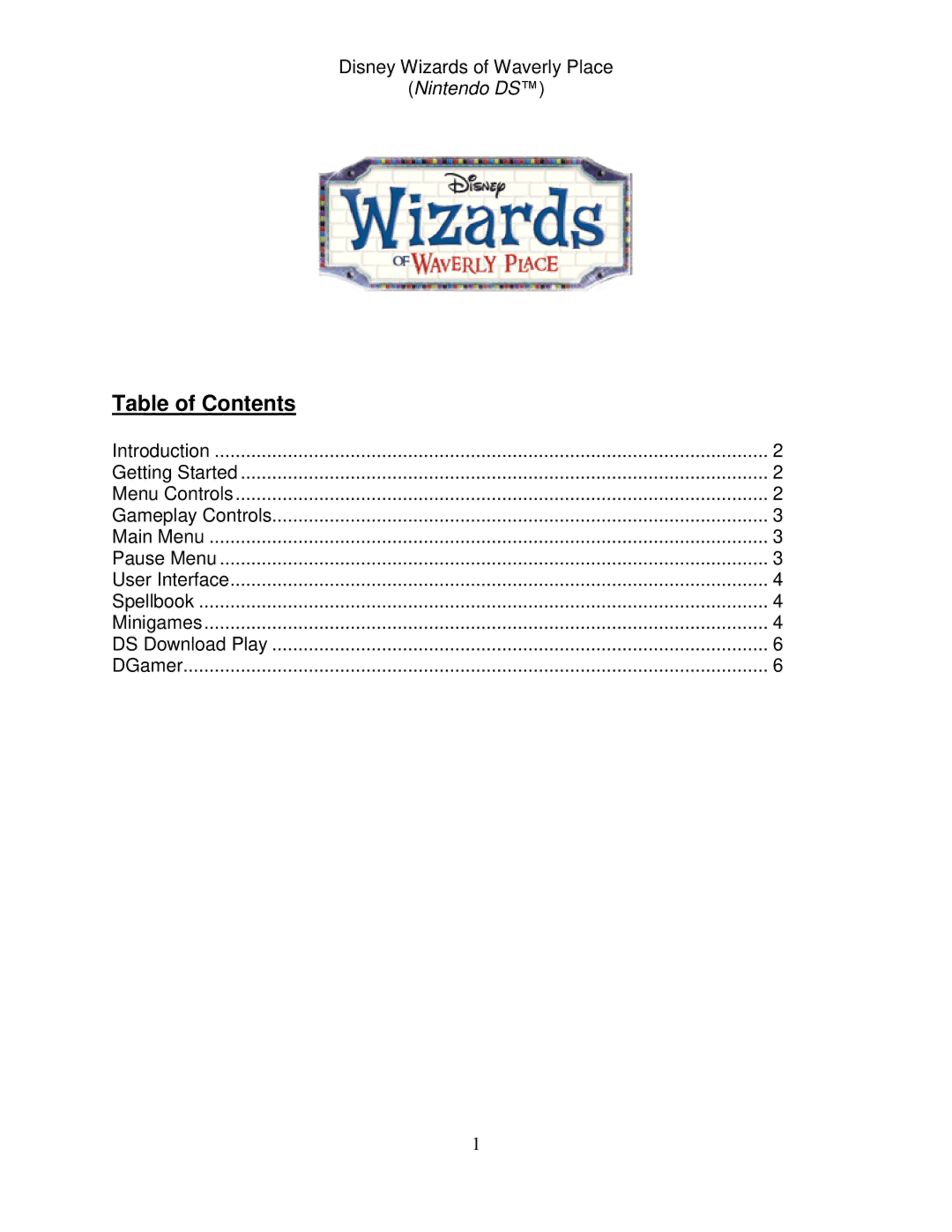 Disney Interactive Studios Wizards of Waverly Place manual Table of Contents 