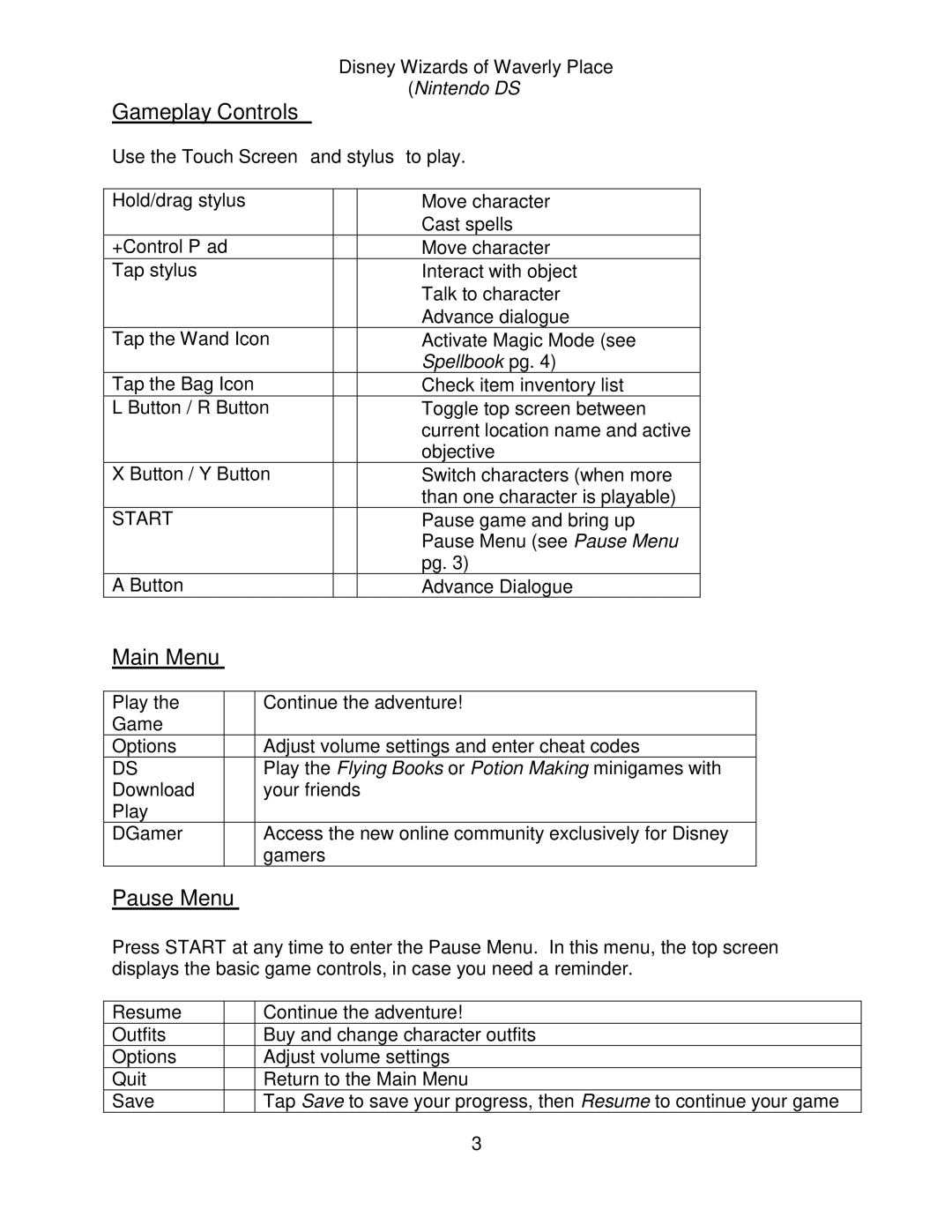 Disney Interactive Studios Wizards of Waverly Place manual Gameplay Controls, Main Menu, Pause Menu 