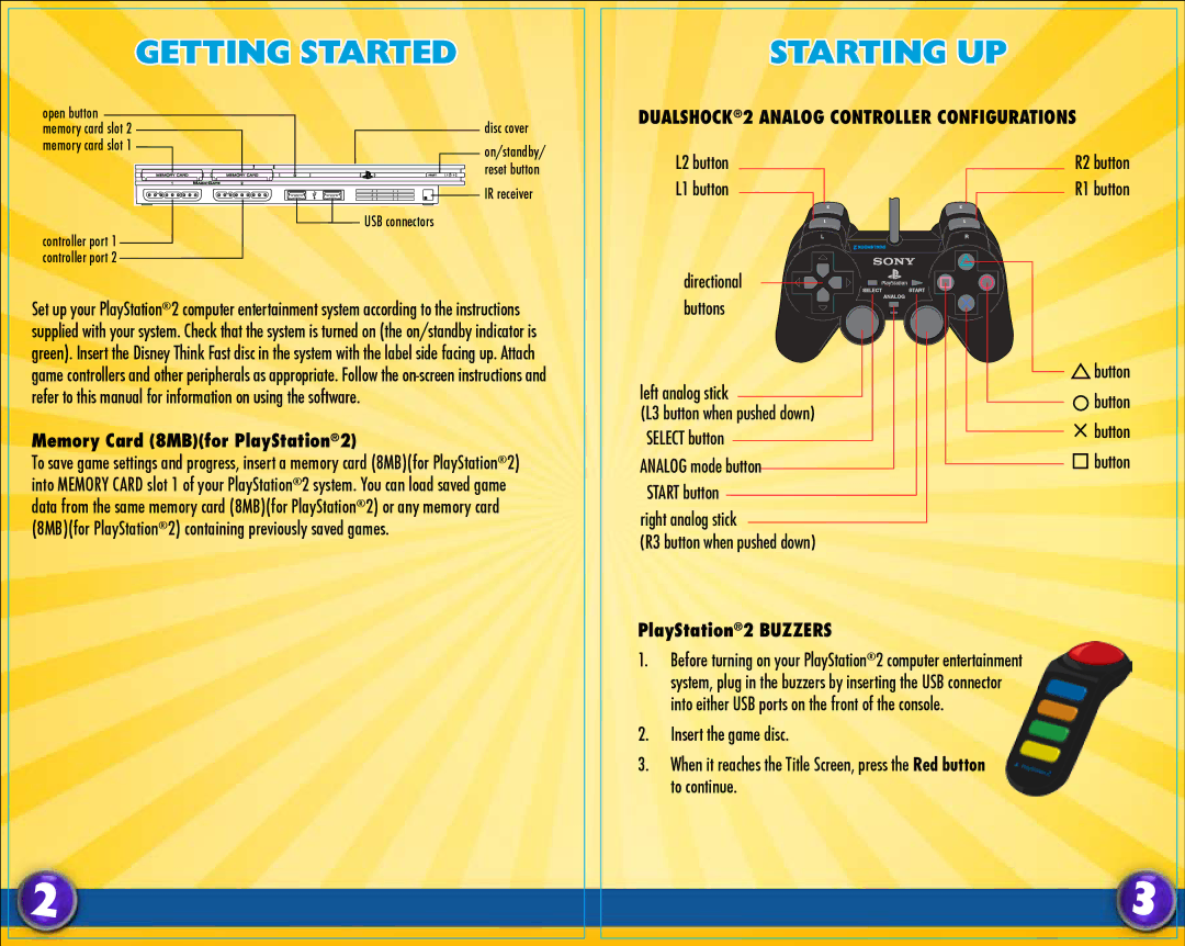 Disney Interactive Studios Think Fast: The Ultimate Trivia Showdown for PlayStation 2 manual Getting Started, Starting UP 