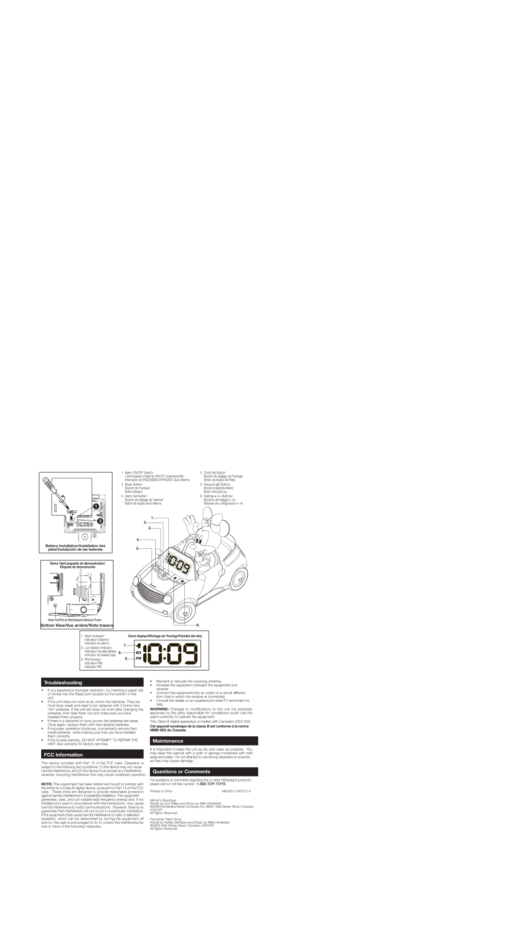 Disney MM-320.3 warranty Troubleshooting, FCC Information, Maintenance, Questions or Comments 