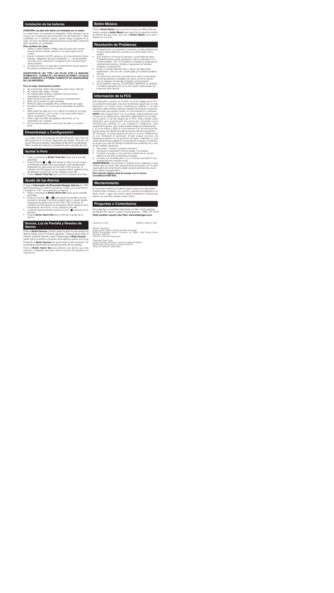 Disney MM-320.3 Desembalaje y Configuración, Botón Música, Resolución de Problemas, Información de la FCC, Mantenimiento 