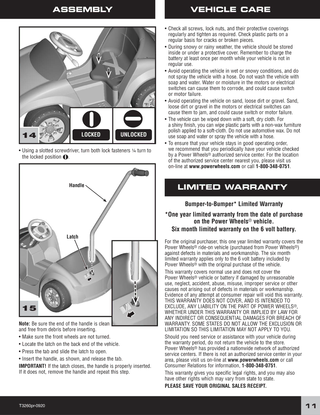 Disney T3260, R2510 owner manual Assembly Vehicle Care, Limited Warranty, Handle Latch 