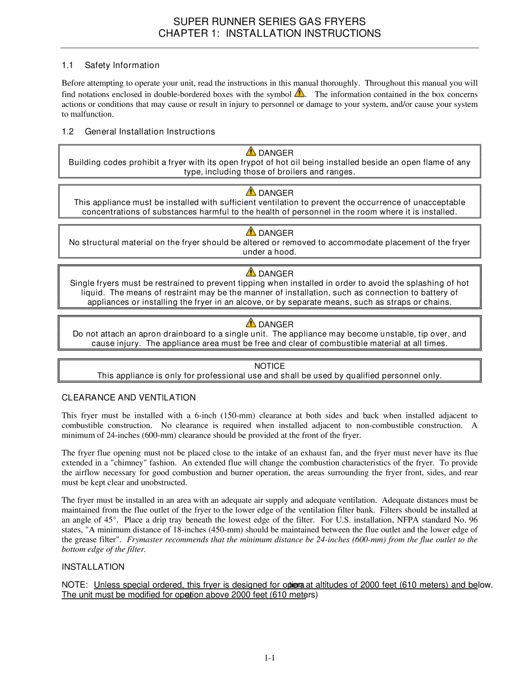 Dito Dean SR42, SR52, SR62 operation manual Super Runner Series GAS Fryers Installation Instructions, Safety Information 