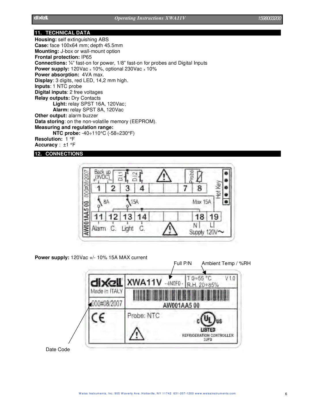 Dixi XWA11V manual Technical Data, Connections 