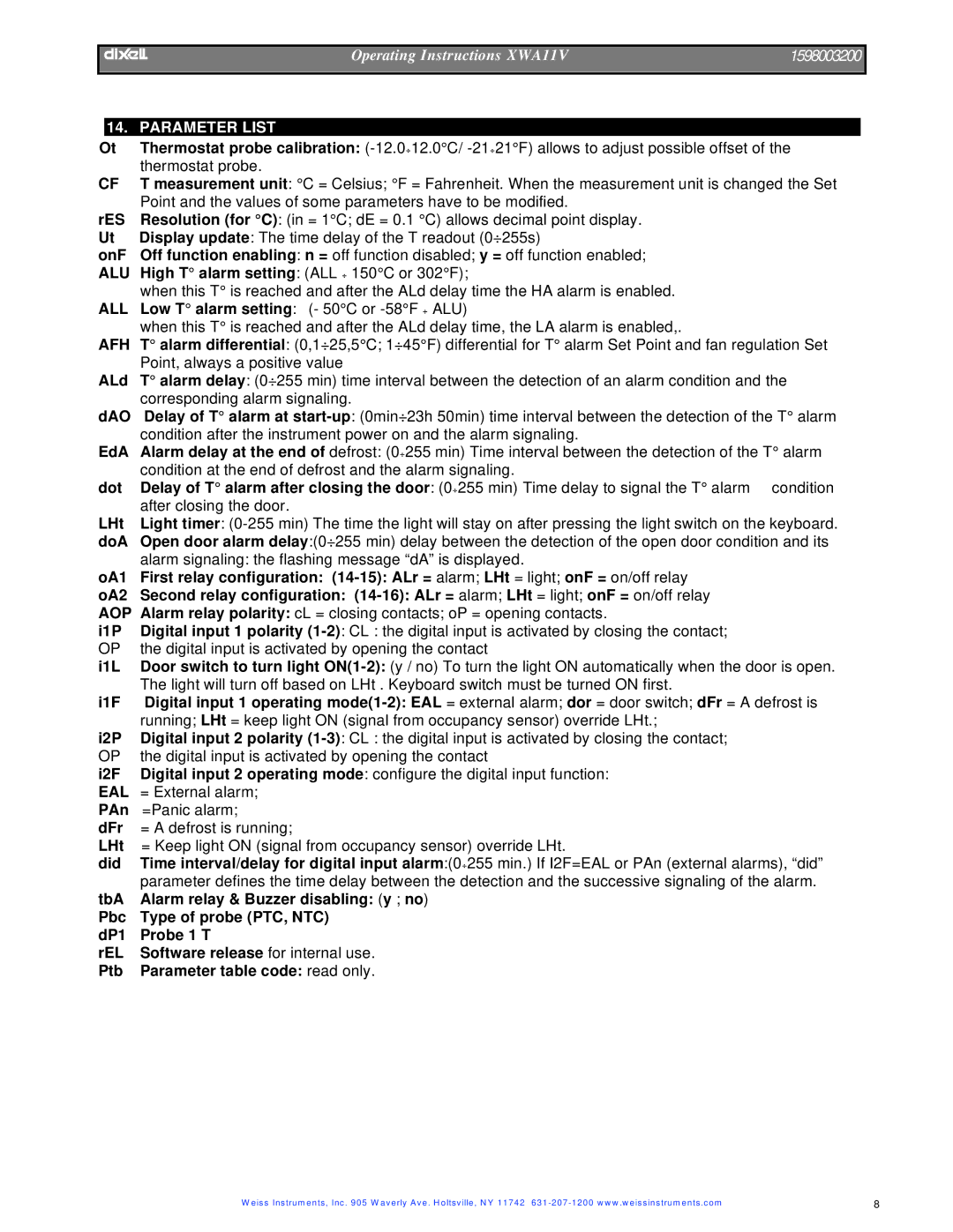 Dixi XWA11V manual Parameter List, Eal 