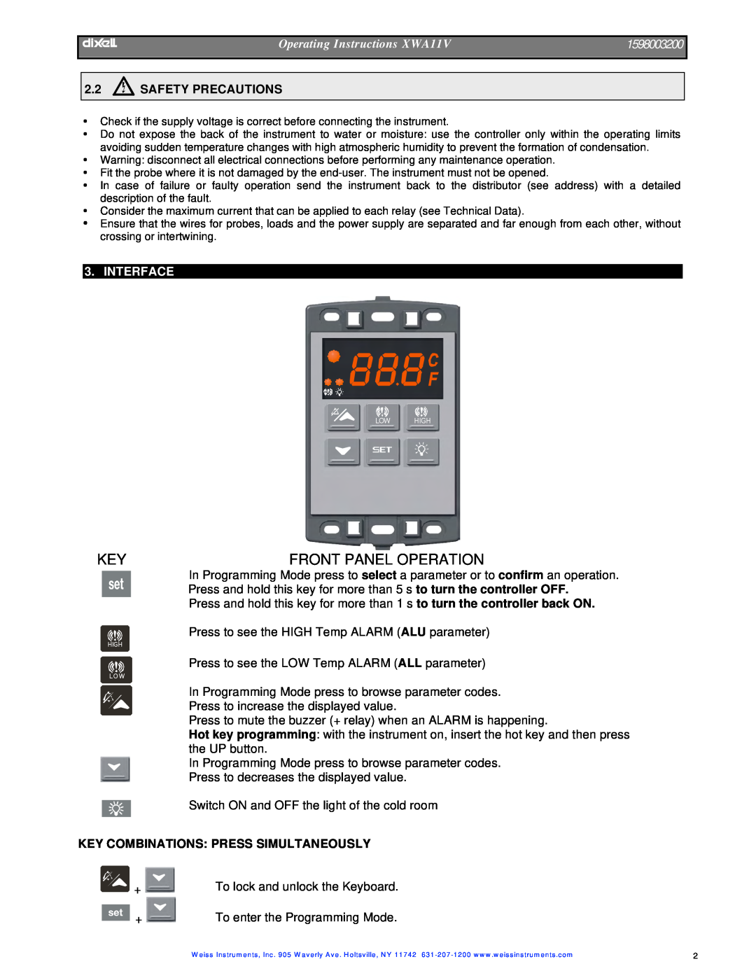 Dixi manual Interface, Front Panel Operation, dIXEL, Operating Instructions XWA11V, 1598003200 