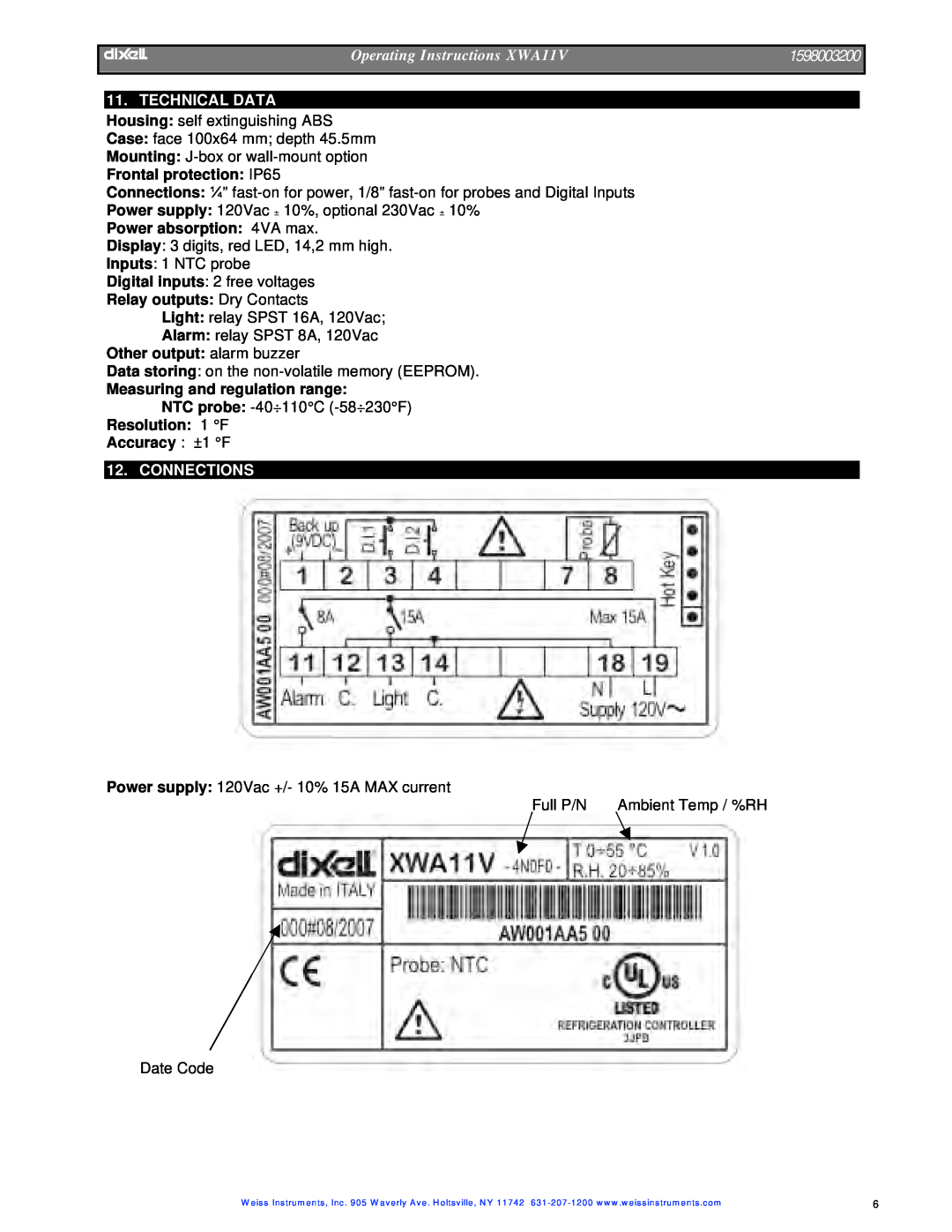 Dixi manual Technical Data, Connections, dIXEL, Operating Instructions XWA11V, 1598003200 
