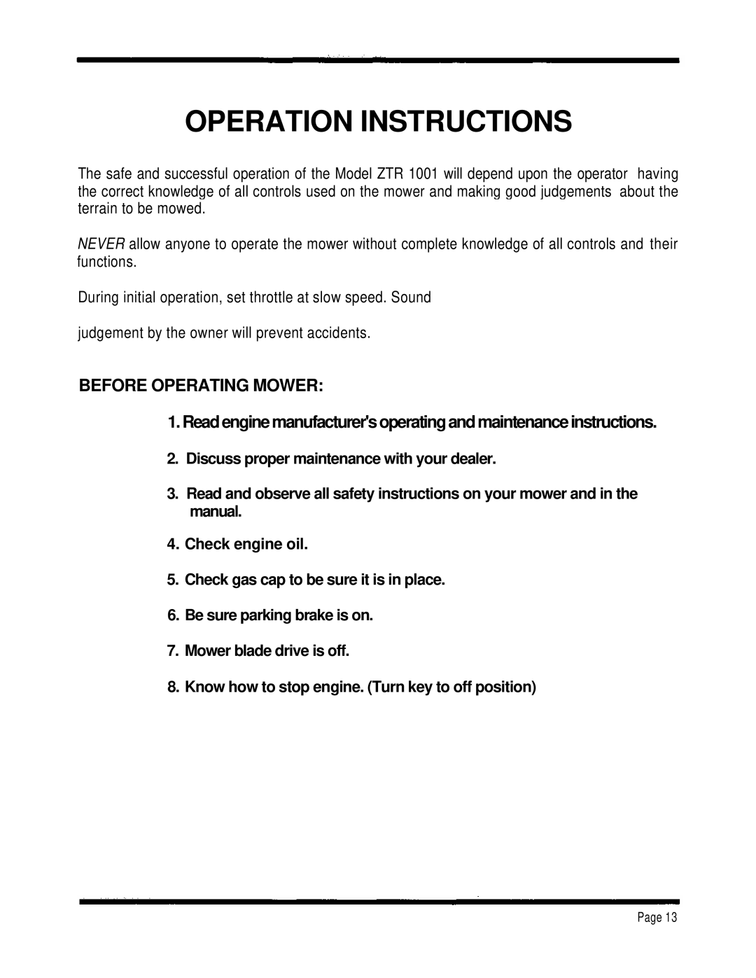 Dixon 1001 manual Operation Instructions, Before Operating Mower 