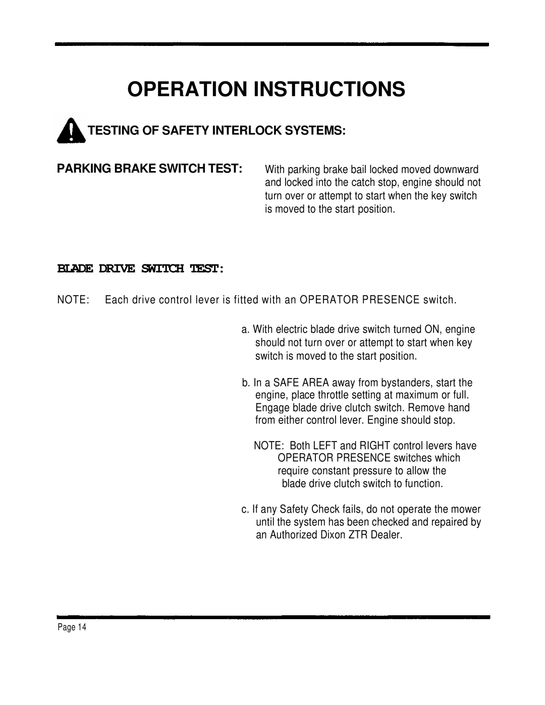 Dixon 1001 manual Operation Instructions, Testing of Safety Interlock Systems 