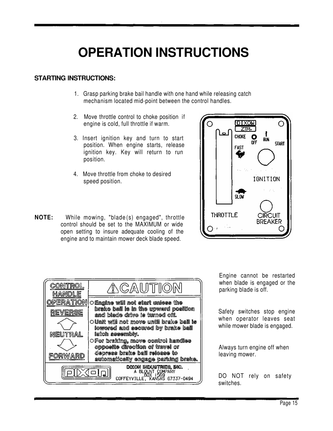 Dixon 1001 manual Starting Instructions 