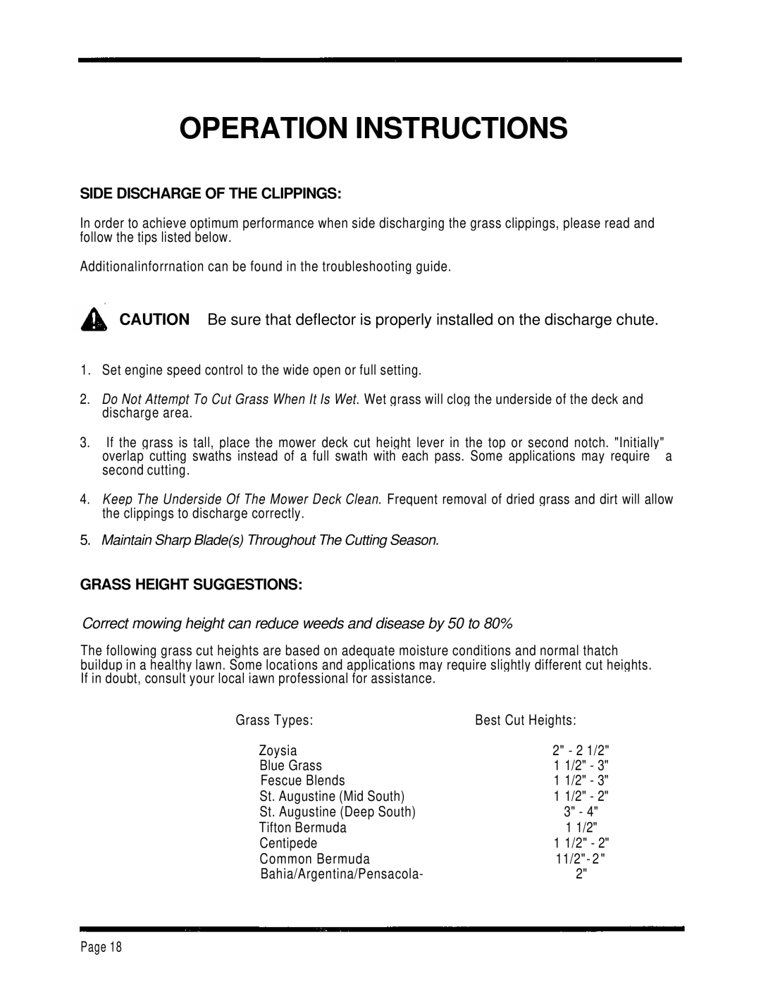 Dixon 1001 manual Side Discharge of the Clippings, Grass Height Suggestions 