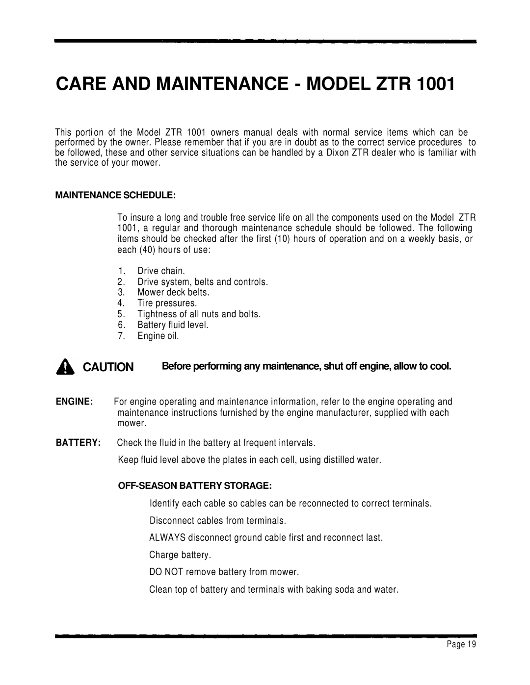 Dixon 1001 manual Care and Maintenance Model ZTR 