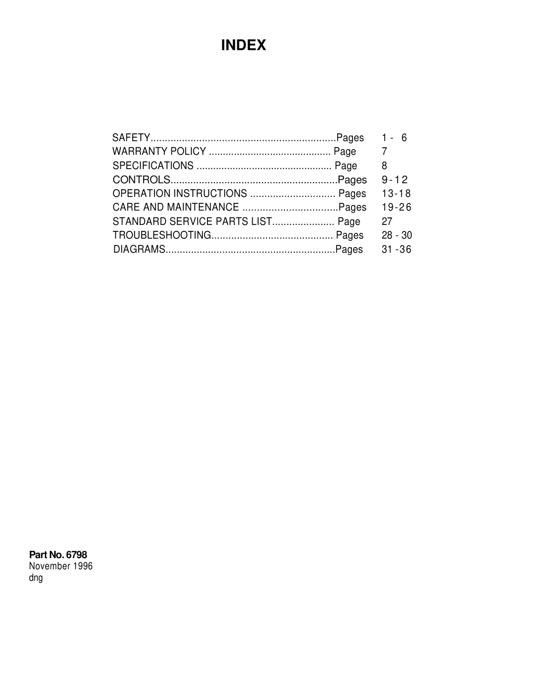 Dixon 1001 manual Index 